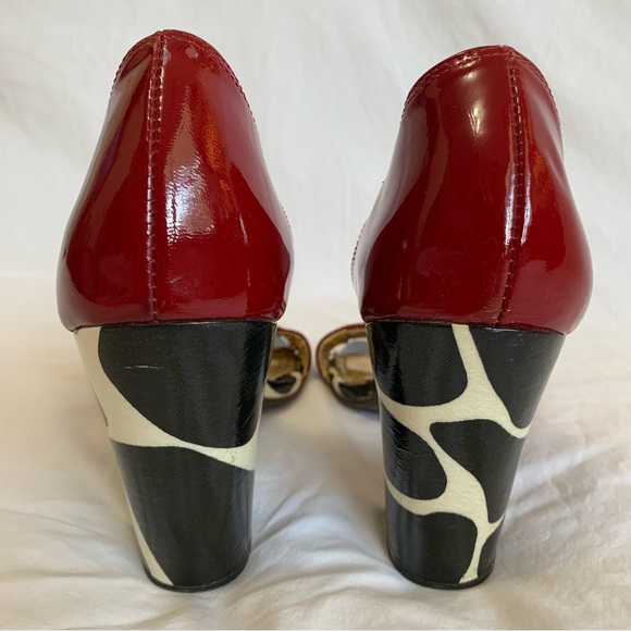 Naughty Monkey red patent and cow print asymmetric heels open toes buckle strap - Picture 6 of 16